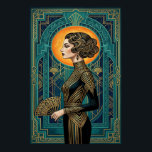 Art Deco Sidoprofil Dansare Guld Teal Fläkt Affisc Poster<br><div class="desc">Fånga den flytande elegansen i en kabaréföreställning från 1920-talet med denna fantastiska Art Deco-siluett. Med en graciös dansare i sidoprofil som håller en fläkt, mot en strålande gyllene soluppgång och djup teal geometrisk arkitektur. Kompositionen ramas in av intrikata mönster, vilket gör detta till en perfekt utsmyckning för ett klädloge, sovrum...</div>