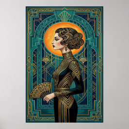 Art Deco Sidoprofil Dansare Guld Teal Fläkt Affisc Poster