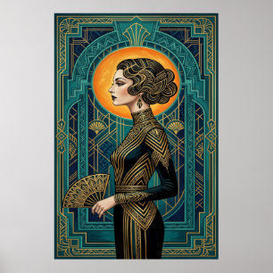 Art Deco Sidoprofil Dansare Guld Teal Fläkt Affisc Poster