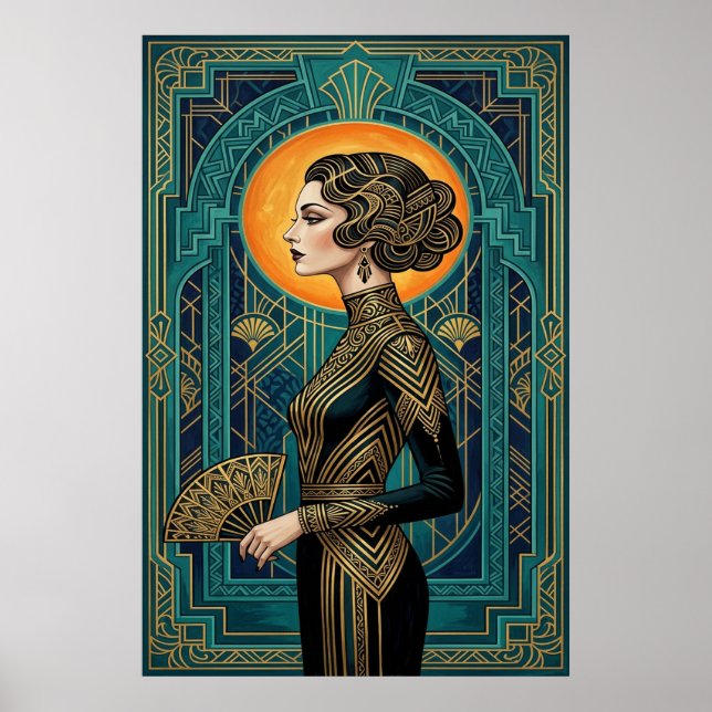 Art Deco Sidoprofil Dansare Guld Teal Fläkt Affisc Poster (Framsidan)