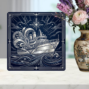 Art Deco Silver båt Havsvågor Stjärnklar natt Kakelplatta