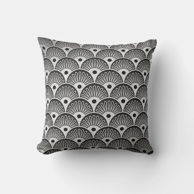 Art Deco Silver Black White Seashells Pillow Kudde (Framsida)