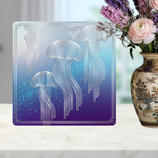 Art Deco Silver Jellyfish Ocean Gradient Design Kakelplatta (Skapare uppladdad)