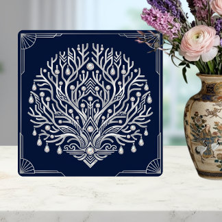 Art Deco Silver Träd Pärlor Marinblå Navy Kakelplatta