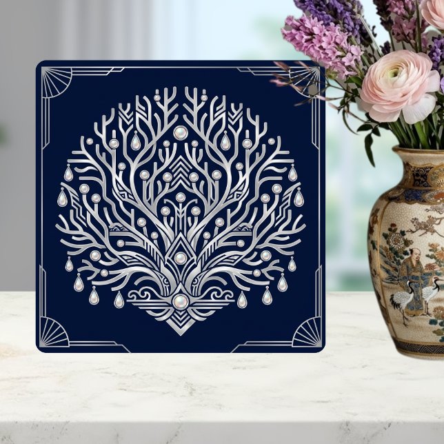 Art Deco Silver Träd Pärlor Marinblå Navy Kakelplatta (Skapare uppladdad)