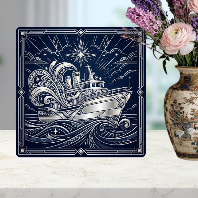 Art Deco Silverbåt Havsvågor Stjärnklar Natt Kakelplatta (Skapare uppladdad)
