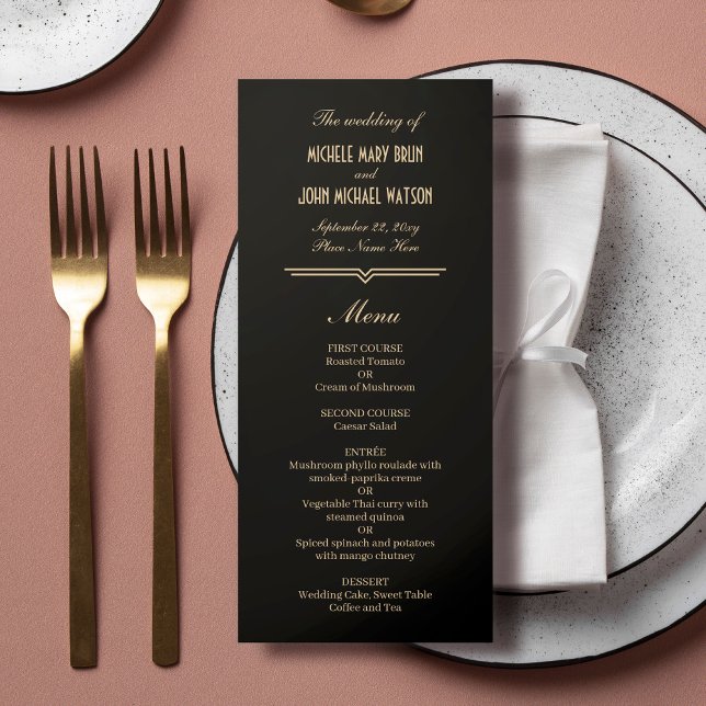 Art Deco Simple Elegant Black Guld Bröllop Meny (Skapare uppladdad)