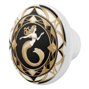 Art Deco Sjöjungfru Black White Guld Knopp