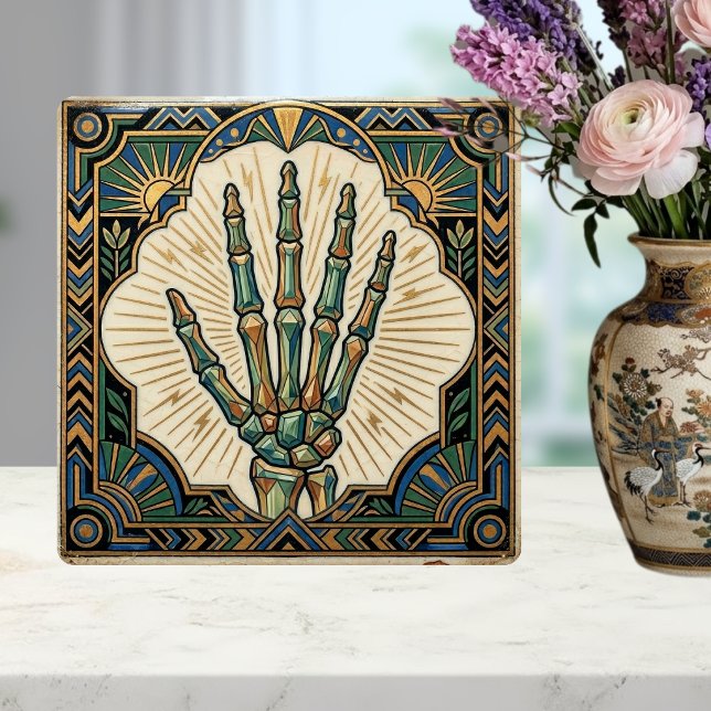 Art Deco Skelett Hand Grön Guld Geometrisk Design Kakelplatta (Skapare uppladdad)