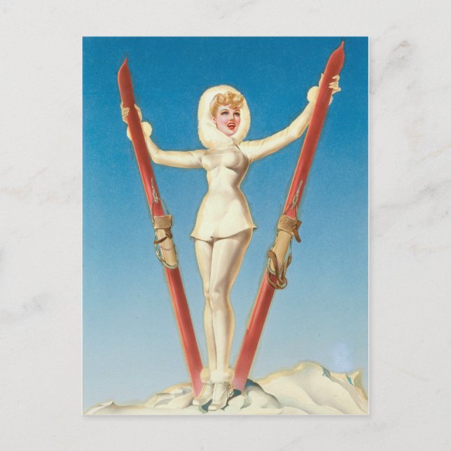 Art Deco Ski Blonde Pin Up Vykort (Framsida)