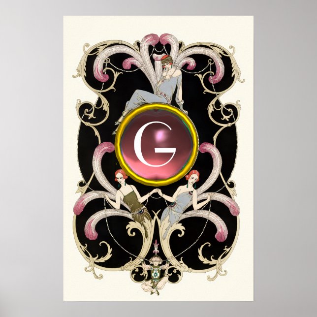 ART DECO SKÖN HET MOD PINK ÄDELSTEN MONOGRAM POSTER (Framsidan)