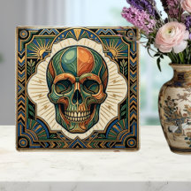 Art Deco Skull Emerald Green Orange Gold Ceramic T