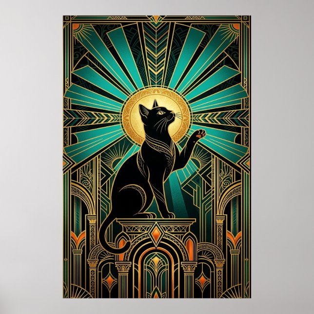 Art Deco Smaragd Halo Smaragd Tron Katt Poster (Framsidan)