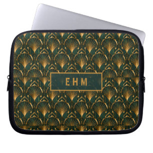 Art Deco Smaragdgrön Guld Anpassad Monogram Bärbar Laptop Fodral