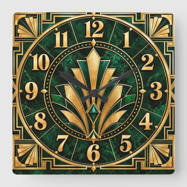 Art Deco Smaragdgrön & Guldklocka Fyrkantig Klocka (Framsida)