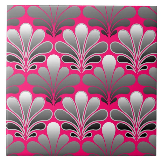 Art Deco Snäcka Mönster, Grått och Fuchsia Rosa Kakelplatta (Framsidan)