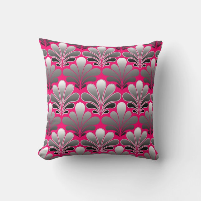 Art Deco Snäcka Mönster, Grått och Fuchsia Rosa Kudde (Framsida)
