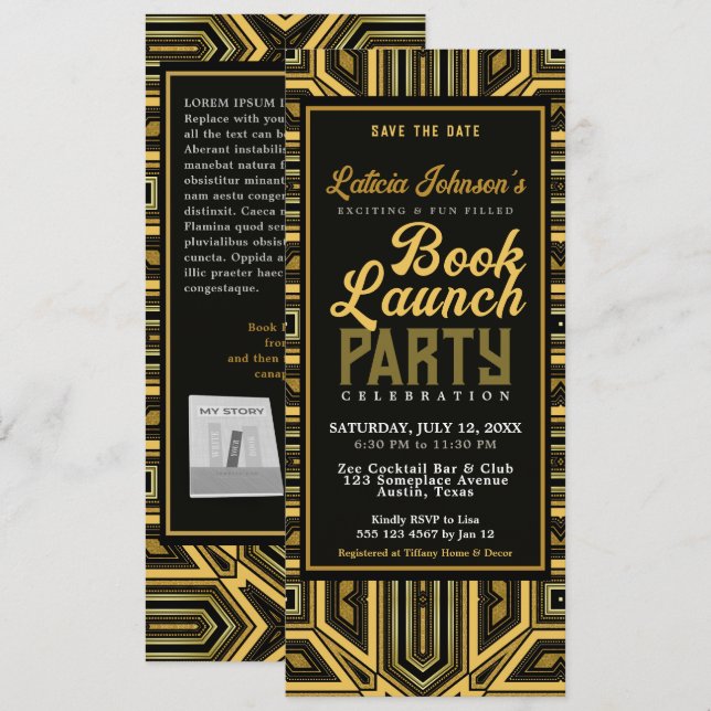 Art Deco Snyggt Glam Bok Launch Inbjudningar (Fram/baksida)