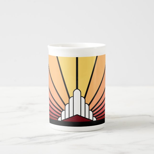 Art deco sol i gryning benporslin mugg (Framsidan)