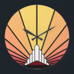 Art deco sol i murklocka stor klocka<br><div class="desc">En klassisk konst deco stil sol mönster i gryningen färg. En ikonisk mönster i sol stigning bakom ett stiliserat konsthändelsemönster som formade byggnad. En enkel men ändå elegant-design som är sann mot tidsåldern.</div>