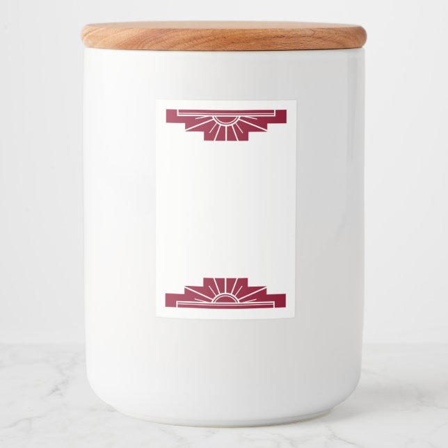 Art deco sol inslag i scarlet mörk mat etikett (Framsida)