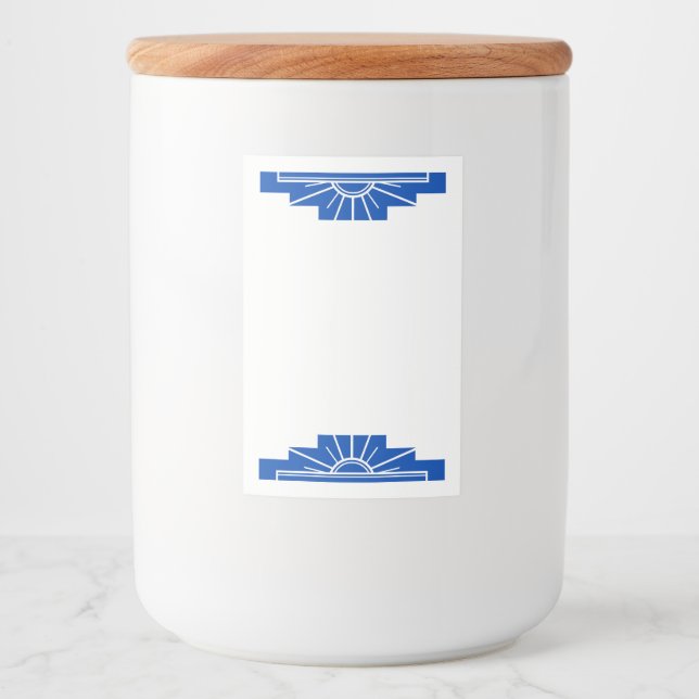 Art deco sol inslag på mörk blått mat etikett (Framsida)