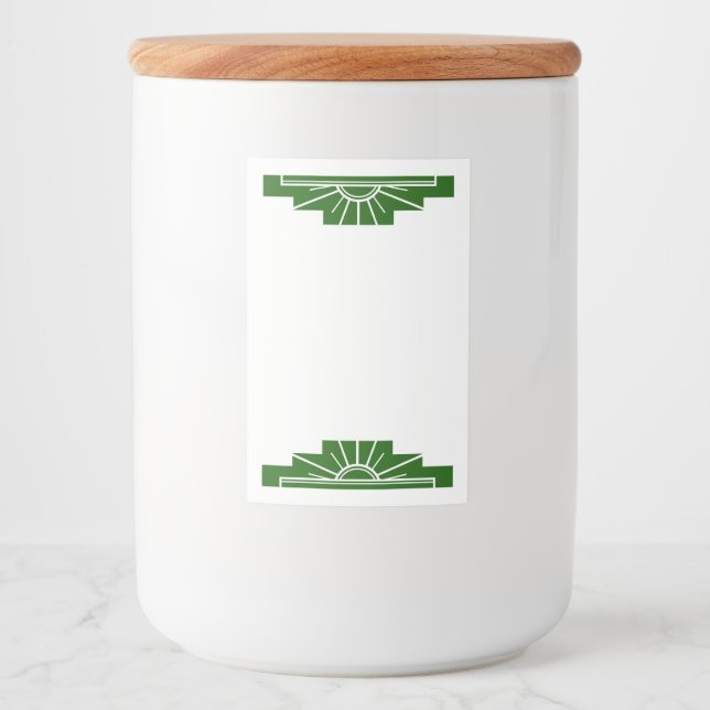 Art deco sol inslag på mörk grönt mat etikett (Framsida)