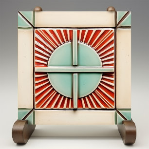 Art Deco Sol och Kor i Coral Teal Kakelplatta