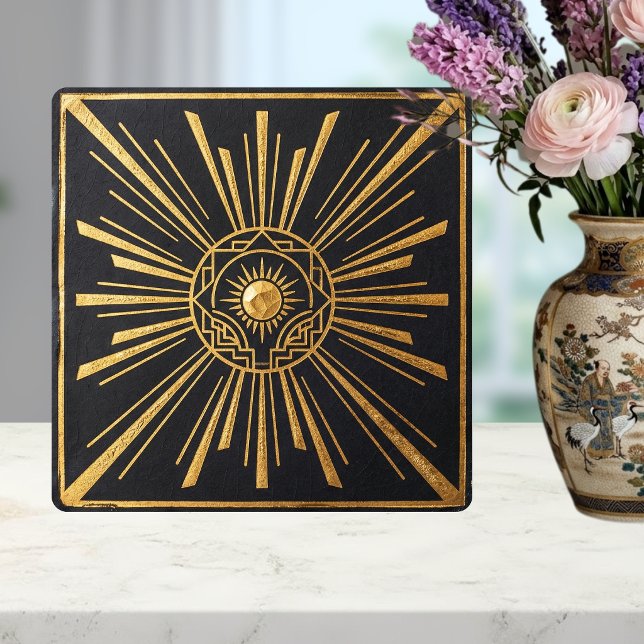 Art Deco Solstråle Guld Svart Geometrisk Design Kakelplatta (Skapare uppladdad)