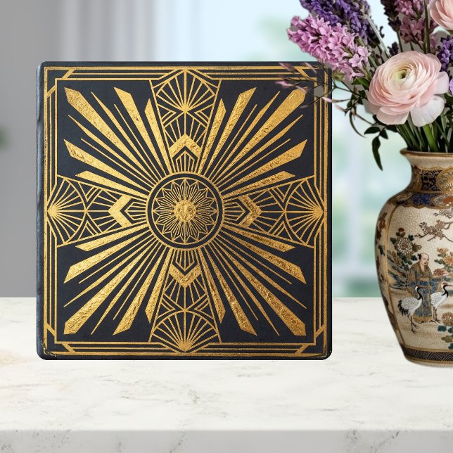 Art Deco Solstråle Guld Svart Geometrisk Design Kakelplatta (Skapare uppladdad)