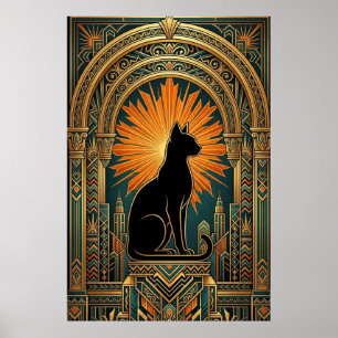 Art Deco Solstråle Svart Katt Väggkonst