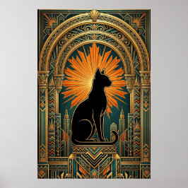 Art Deco Solstrålning Svart Katt Väggkonst