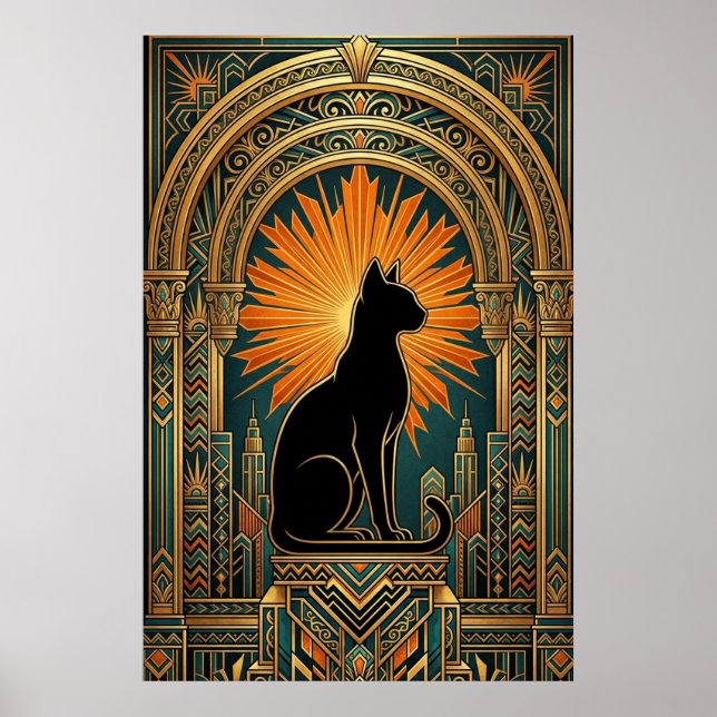 Art Deco Solstrålning Svart Katt Väggkonst (Framsidan)
