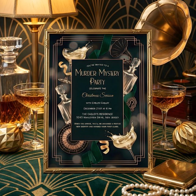 Art Deco Speakeasy Mordgåta Julfest Inbjudningar (Speakeasy Murder Mystery Christmas Party – Art Deco Black & Gold, Champagne, Personalized)