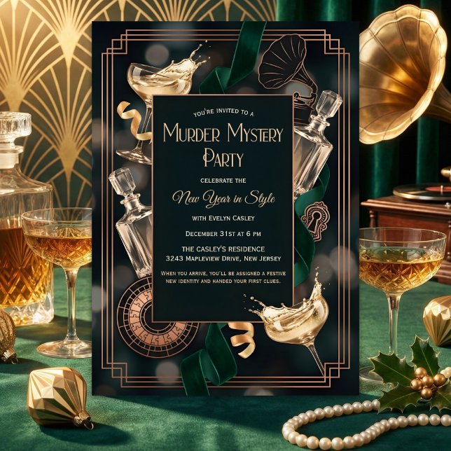 Art Deco Speakeasy Murder Mystery New Year Party Inbjudningar (Speakeasy Murder Mystery New Year – Art Deco Black & Gold, Champagne, Personalized)