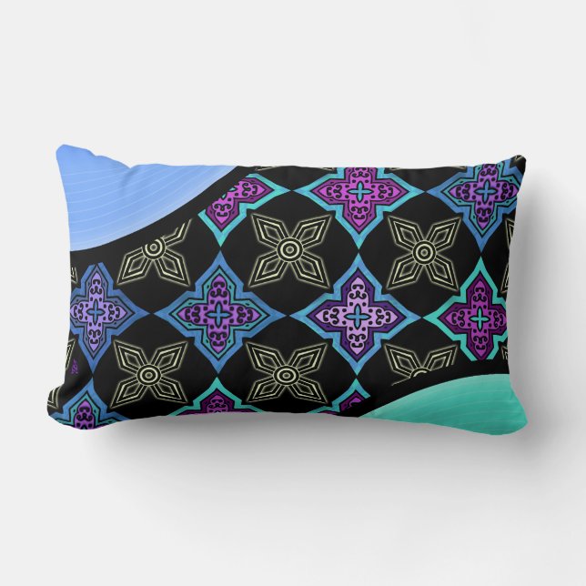 Art Deco Star Flowers Aqua Violet Blue på Black -2 Lumbarkudde (Framsida)