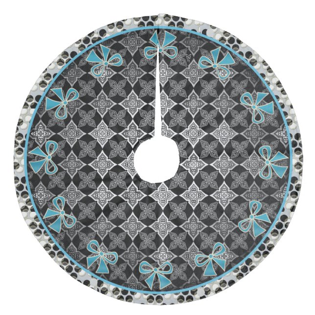 Art Deco Star Flowers Black - White med blå Bows Julgransmatta Fleece (Framsidan)