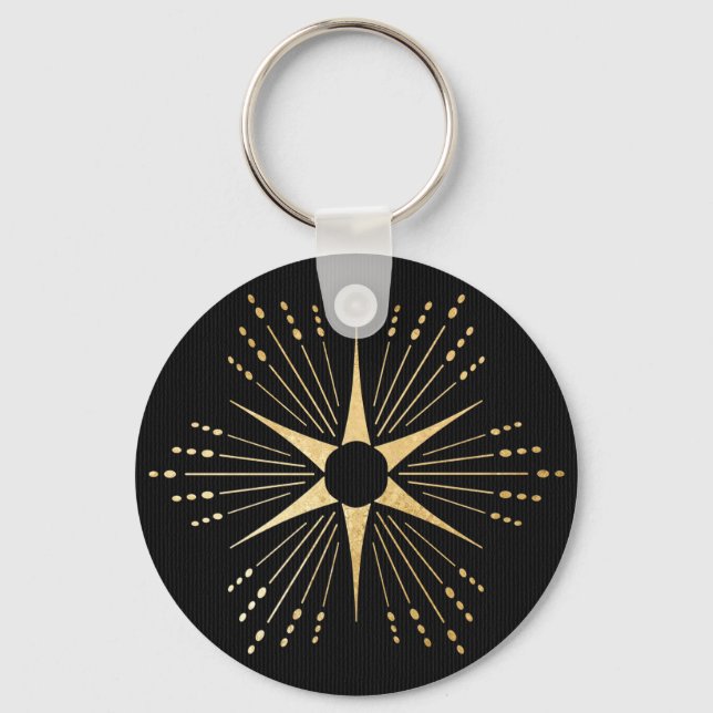 Art Deco Starburst Black och Guld Nyckelring (Framsida)