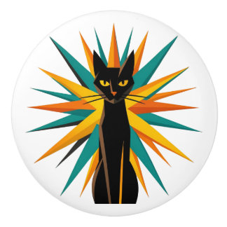 Art Deco Starburst Katt Orange & Teal Knopp
