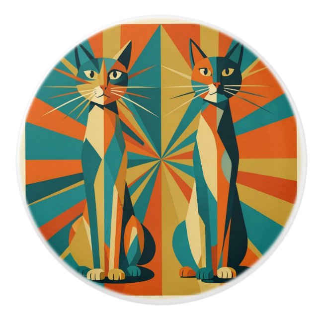 Art Deco Starburst Katter Orange & Teal Knopp (Framsidan)