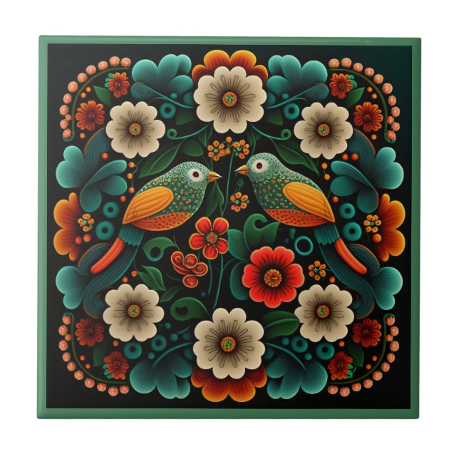 Art deco stil-blomman mönster fågelkeramisk panel kakelplatta (Framsidan)