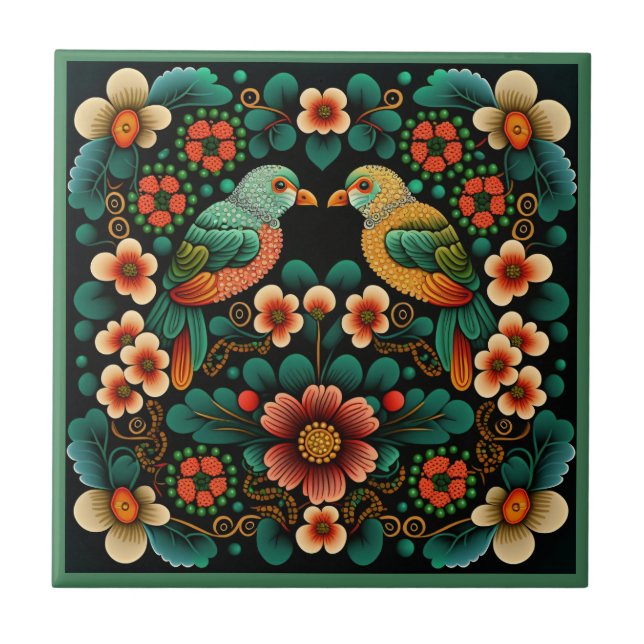 Art deco stil-blomman mönster fågelkeramisk panel kakelplatta (Framsidan)