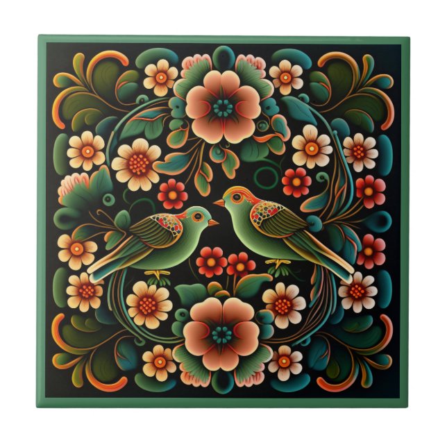 Art deco stil-blomman mönster fågelkeramisk panel kakelplatta (Framsidan)