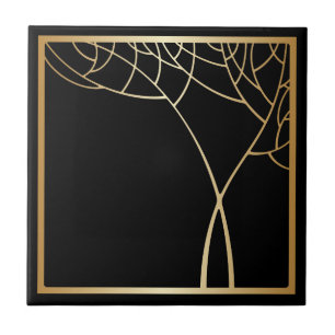 Art deco stil faux guld träd med ram på svart kakelplatta