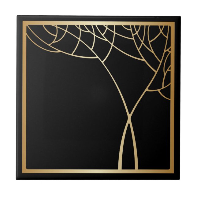 Art deco stil faux guld träd med ram på svart kakelplatta (Framsidan)