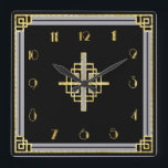 Art Deco Stil Fyrkantig Klocka<br><div class="desc">Jag har sett över mönster för att göra den här muren i Art Deco stil. Det skulle se underbart ut i någons hem på en ren mur. I typisk konst deco färg svart grått och guld. Den här klockan har en mittkonsmotiv och som gräns.</div>