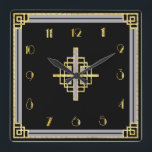 Art Deco Stil Fyrkantig Klocka<br><div class="desc">Jag har sett över mönster för att göra den här muren i Art Deco stil. Det skulle se underbart ut i någons hem på en ren mur. I typisk konst deco färg svart grått och guld. Den här klockan har en mittkonsmotiv och som gräns.</div>