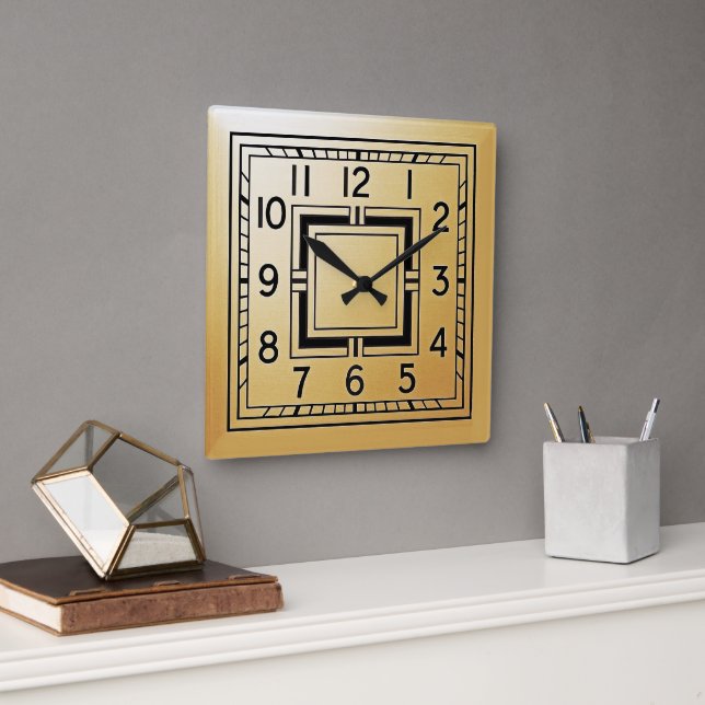 Art Deco stil fyrkantig klocka i guld. (Kontor)
