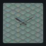 Art Deco stil mönster i tårblått färg Fyrkantig Klocka<br><div class="desc">Abstraktens geometriska vågigt mönster i Art Deco stil på med färgad för tealblått och koppar vinkarare och fläkt på dekoration mörk för färg och blått .</div>