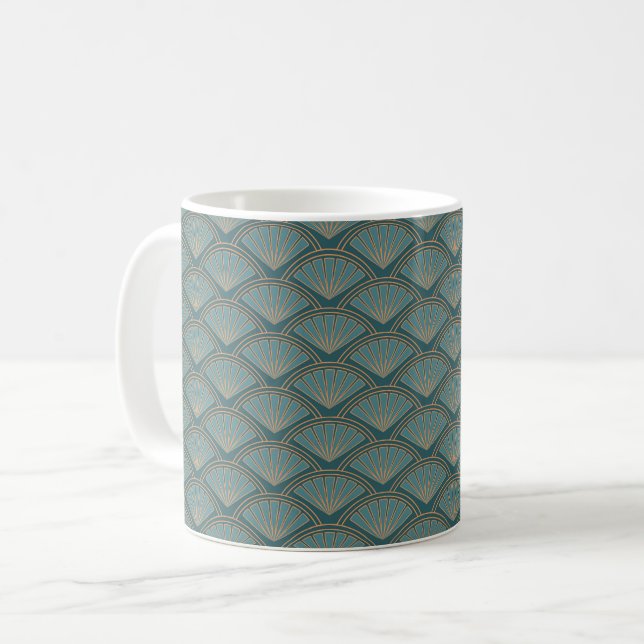 Art Deco stil mönster i tårblått färg Kaffemugg (Framsida vänster)